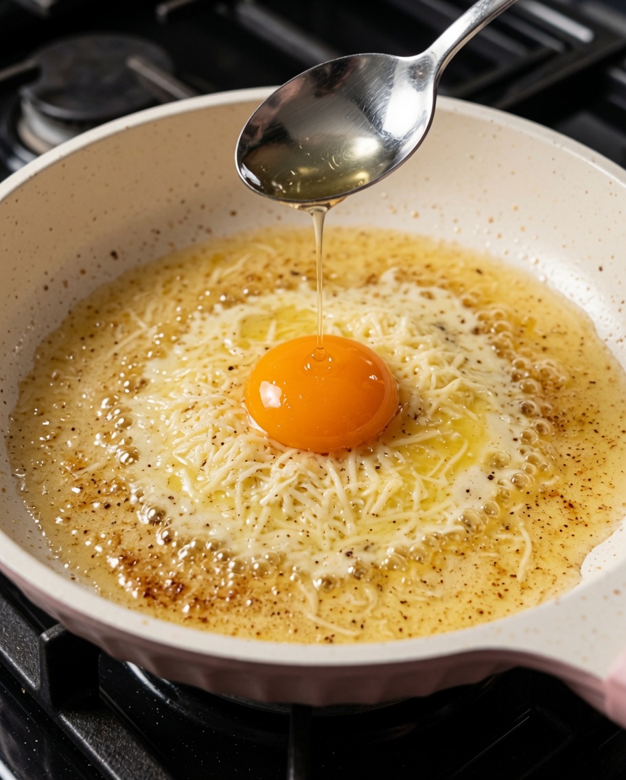 A single raw egg yolk resting on top of grated cheese and fat in a frying pan, with a spoon nearby.