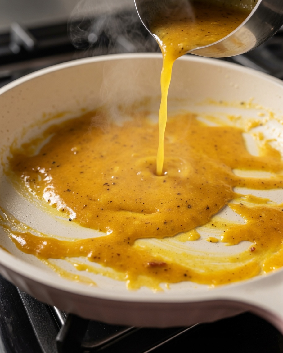 Warm pasta water being poured into the pan to thin and smooth out the cheese and egg sauce.