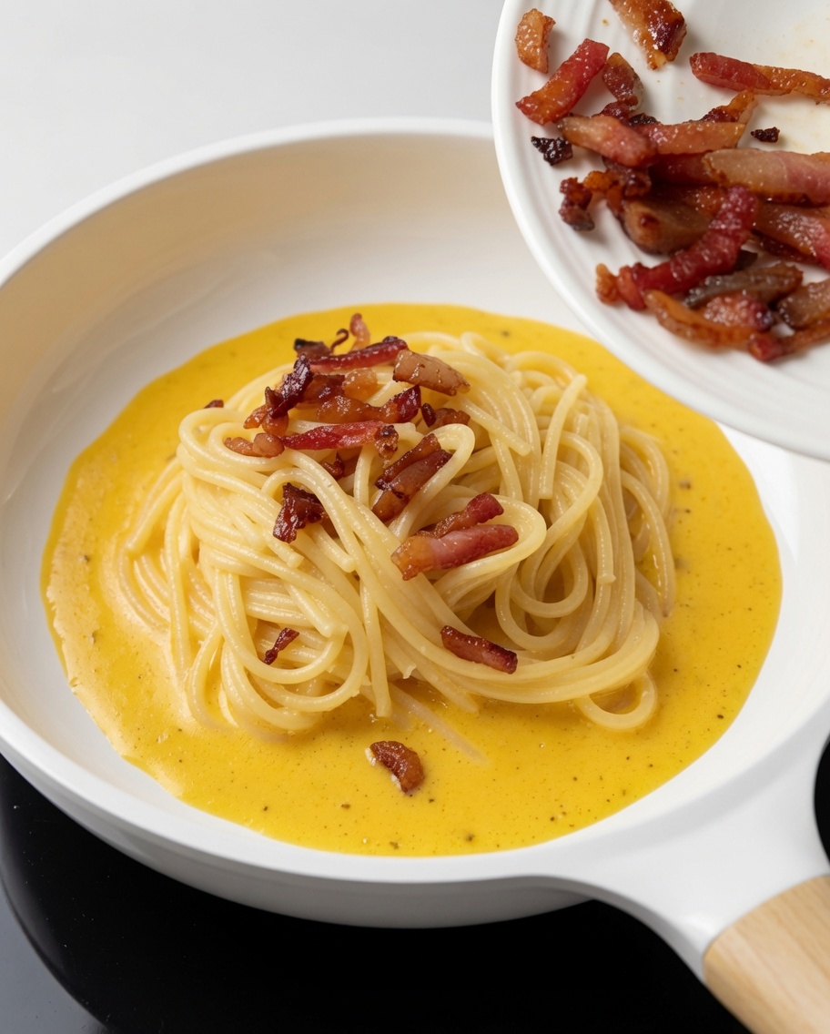 Crispy fried guanciale pieces being added to the pan over the spaghetti and sauce.