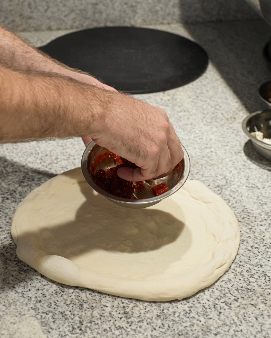 Sun-dried tomatoes being spread over a raw pizza dough base.