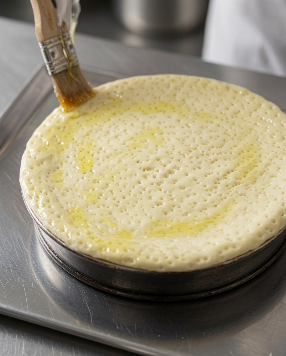 Olive oil being brushed over the surface of the prepared pizza dough.