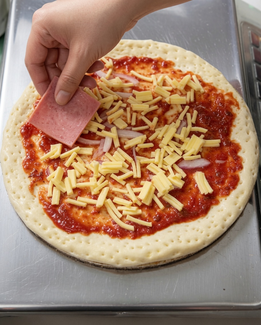 A close-up view of a hand carefully placing square slices of ham onto a pizza base that has been spread with red sauce and sprinkled with cheese.