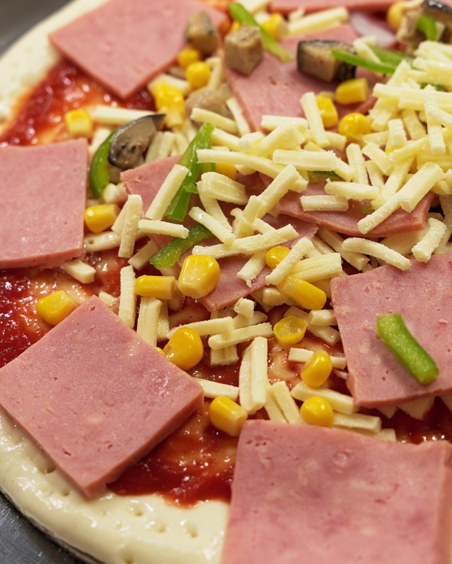A heap of shredded mozzarella cheese being sprinkled over the colorful layer of ham, corn, mushrooms, and bell peppers on the pizza.