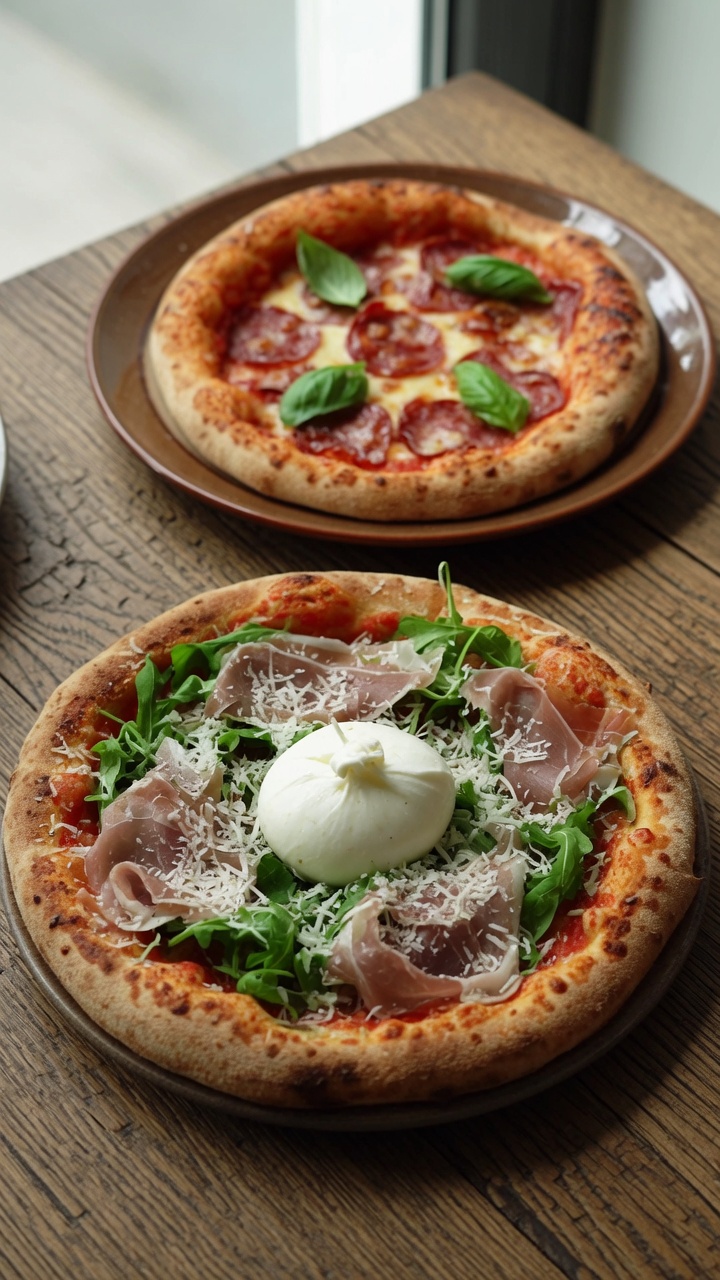 Homemade Ham Burrata and Salami Basil Pizzas