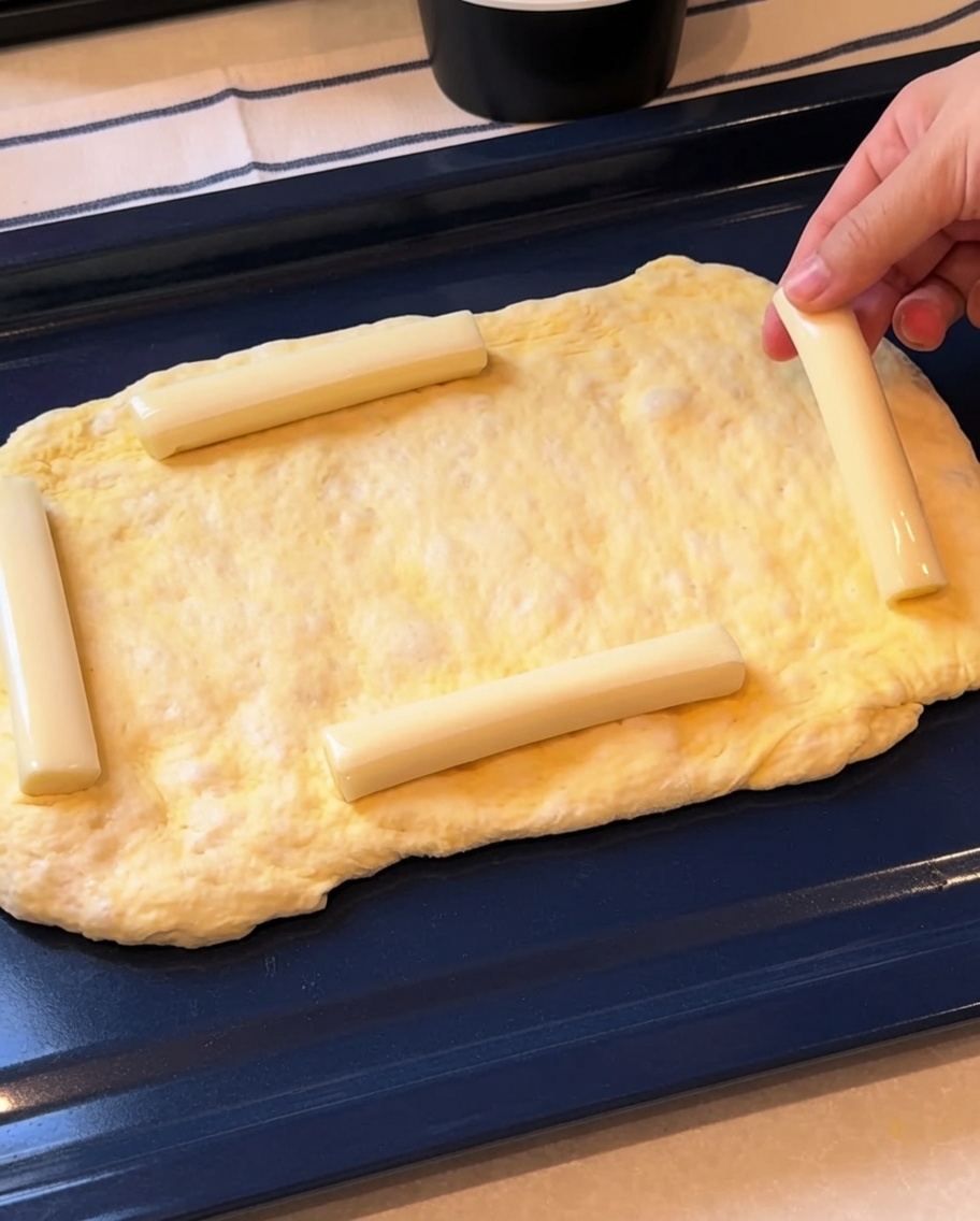 Hands folding the dough edges over the mozzarella cheese sticks to form a stuffed crust.
