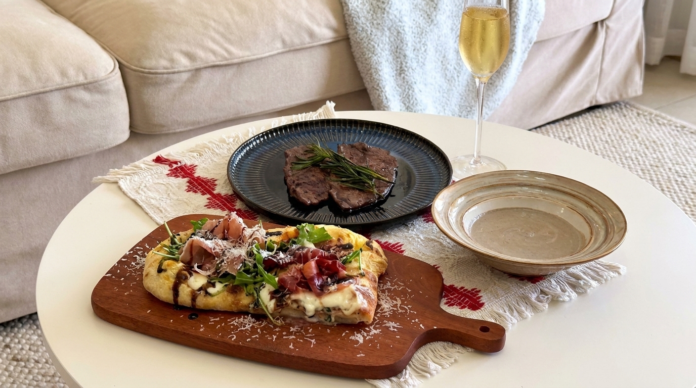 Italian Burrata and Prosciutto Pizza with Pan-Seared Steaks