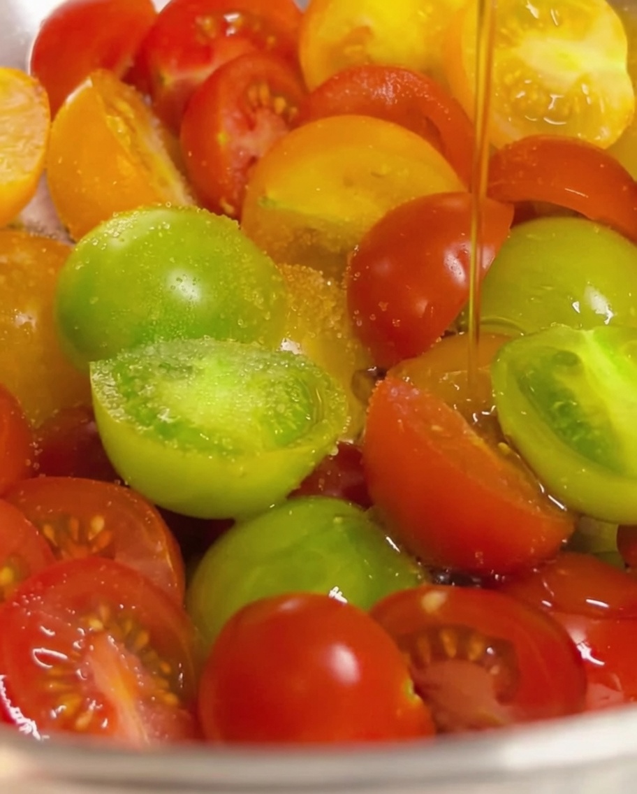 Olive oil being poured in a thin stream over a colorful mixture of halved cherry tomatoes seasoned with salt.
