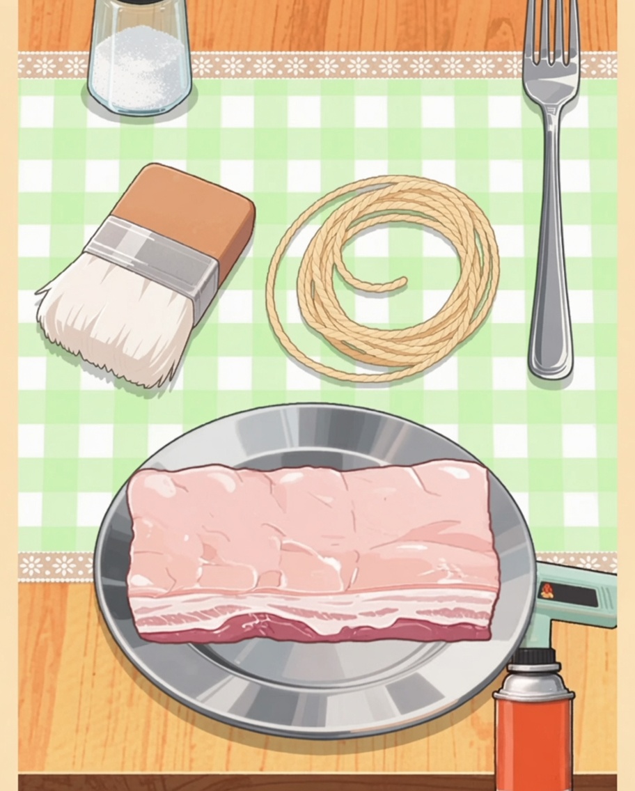 A block of seasoned pork belly resting on a plate next to a culinary blowtorch on a table.