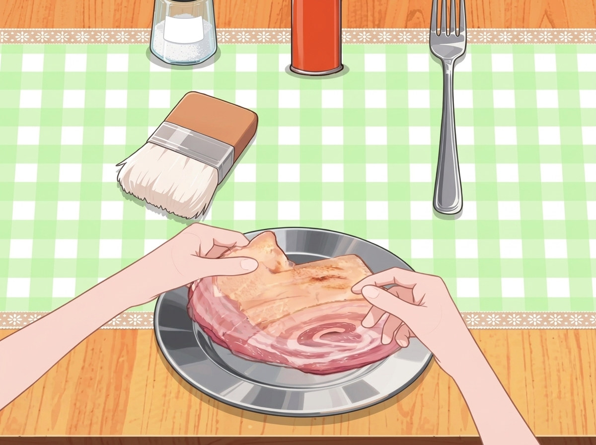 Hands tightly rolling a piece of seared pork belly on a metal plate.
