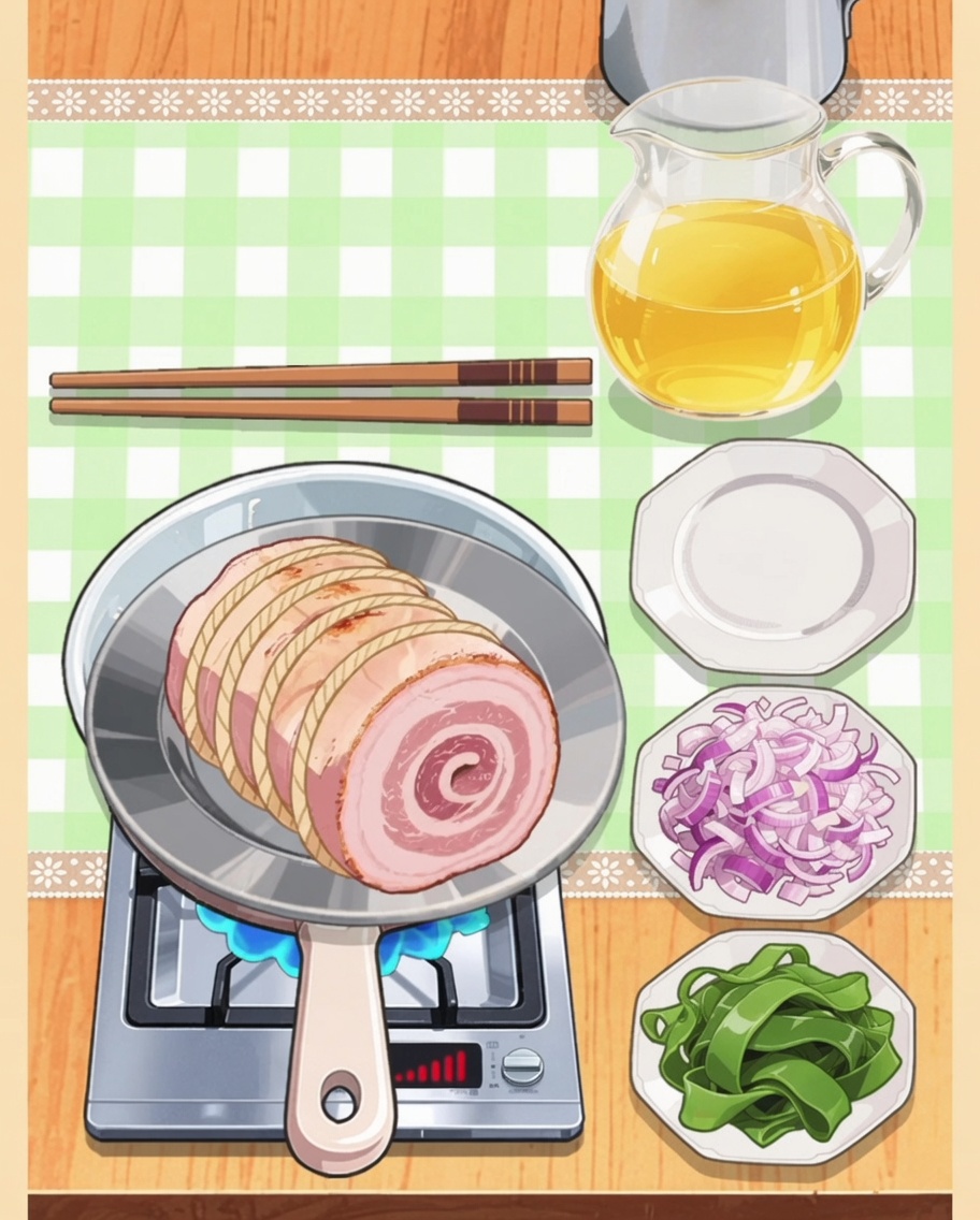 A rolled and tied pork belly being pan-fried in a skillet next to bowls of sliced onions and greens.