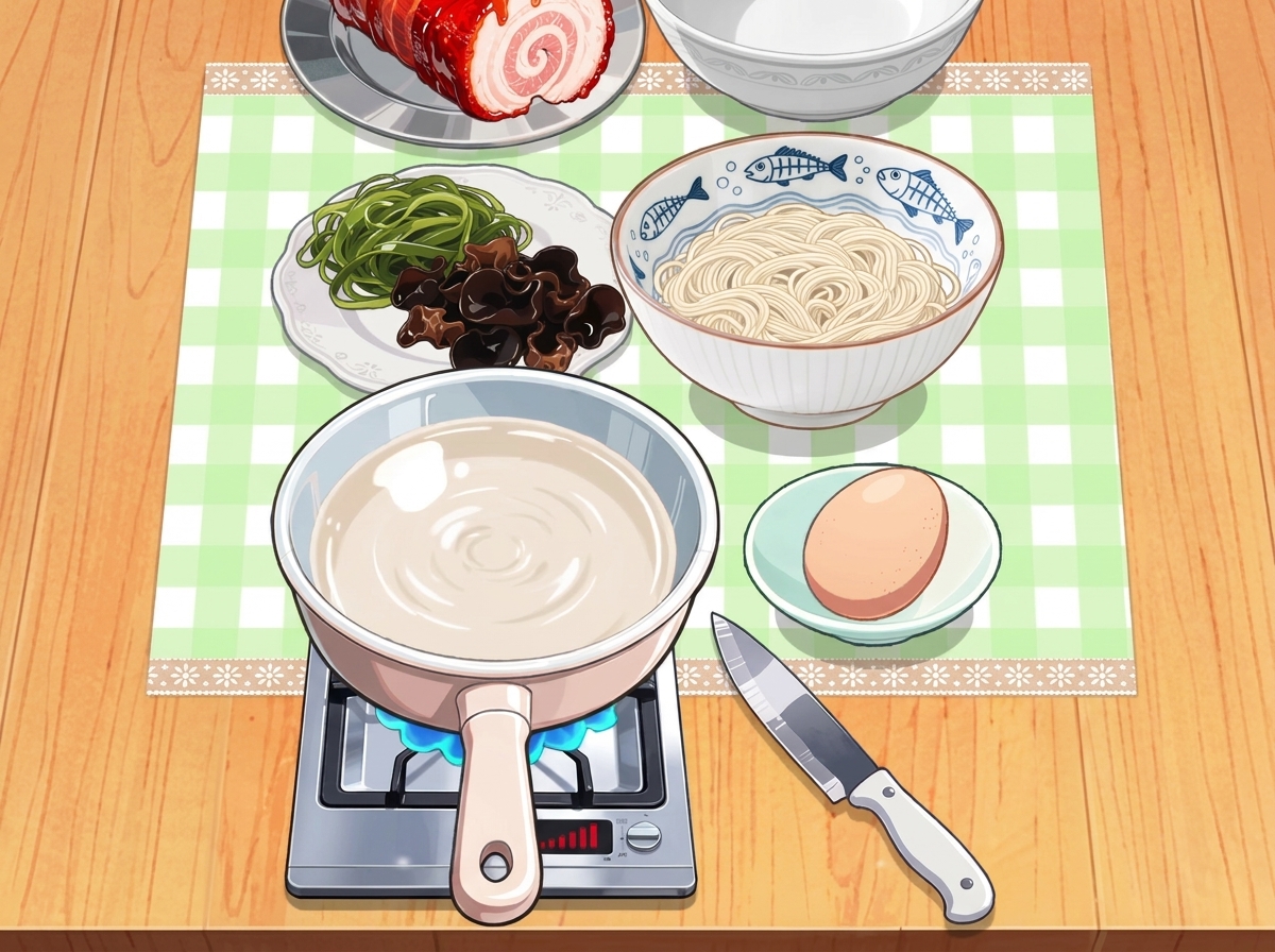 A pot of boiling broth on a stove surrounded by plates containing raw noodles, wood ear mushrooms, greens, and an egg.
