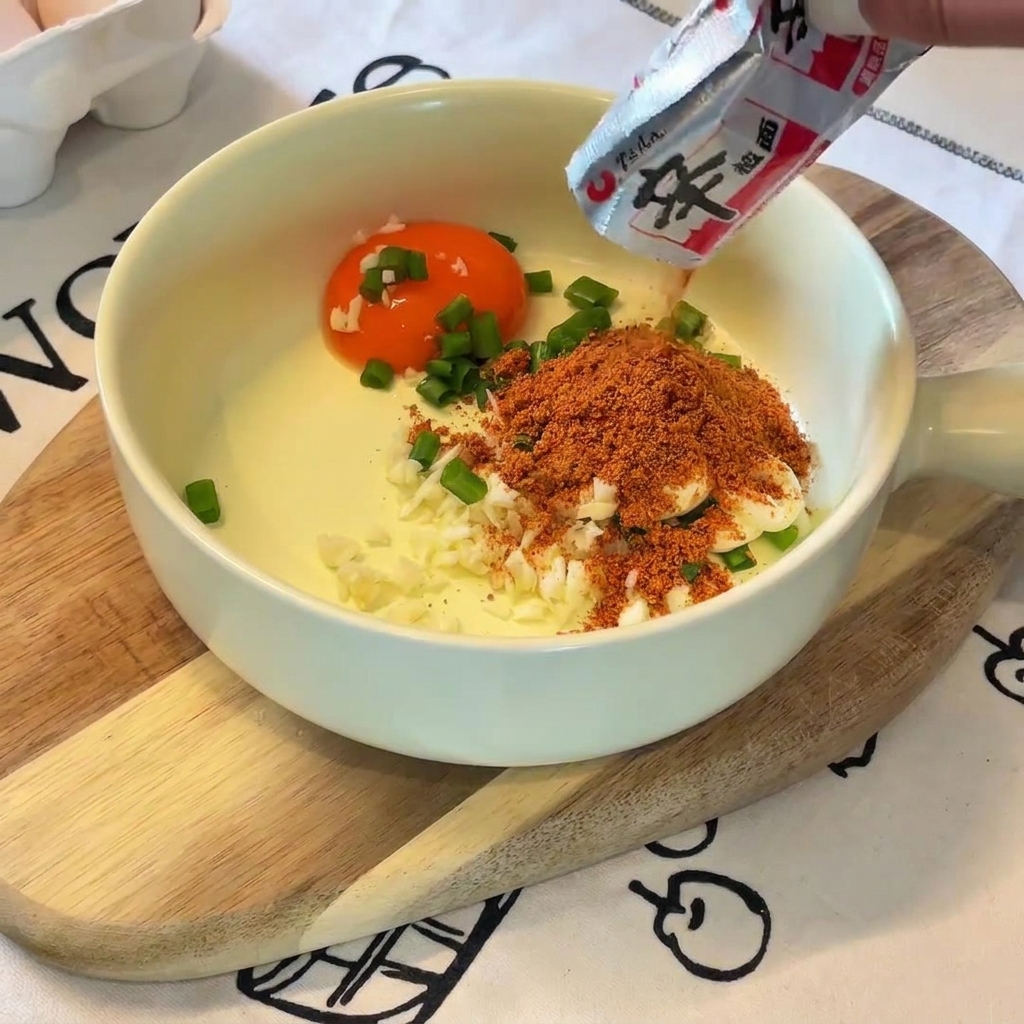 A metal spoon mixing the sauce base ingredients together in a yellow bowl.