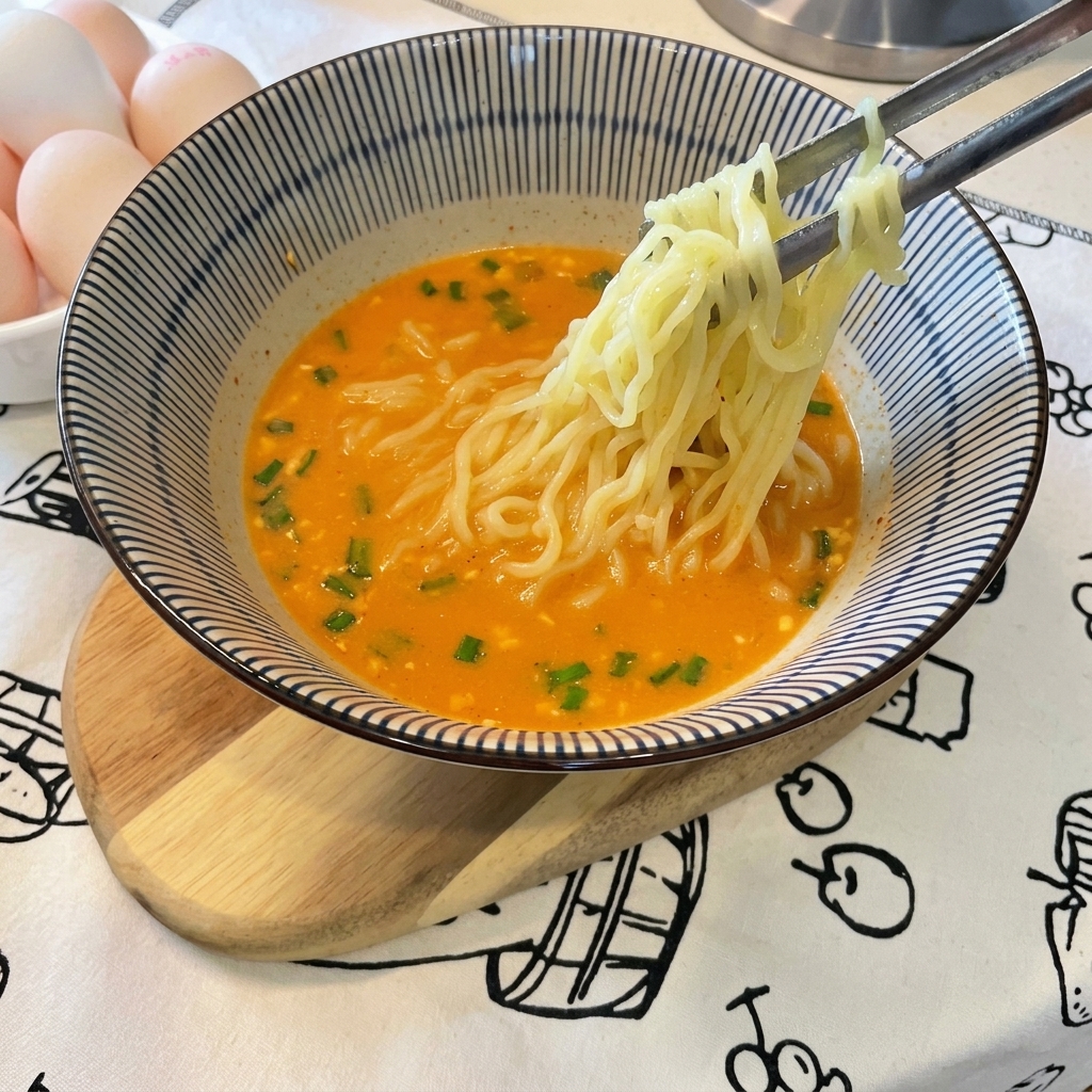 A finished bowl of ramen topped with soft-boiled egg halves, seaweed strips, and green onions.