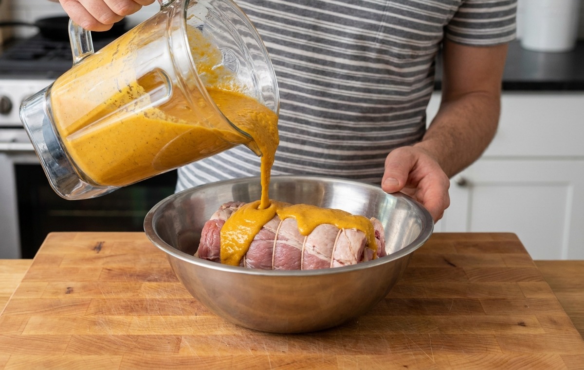 Pouring an orange vegetable marinade from a blender over a tied pork belly in a metal bowl.