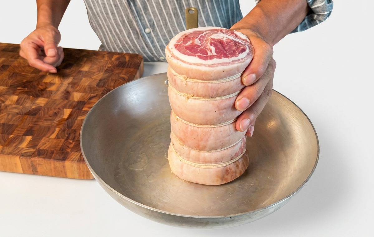 Holding a tied pork belly roll upright in a heated flat-bottomed pan to sear the ends.