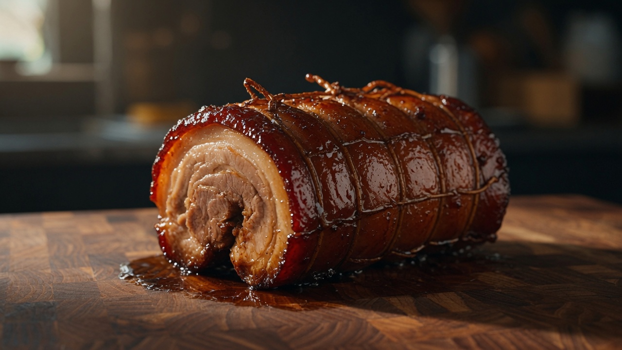 A perfectly caramelized, rolled Japanese Chashu pork belly, ready to be sliced for ramen.