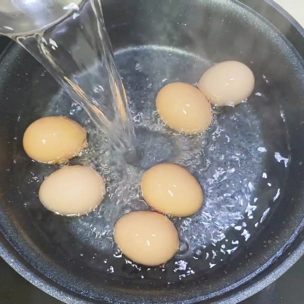 Eggs boiling in a pot of water on the stovetop.