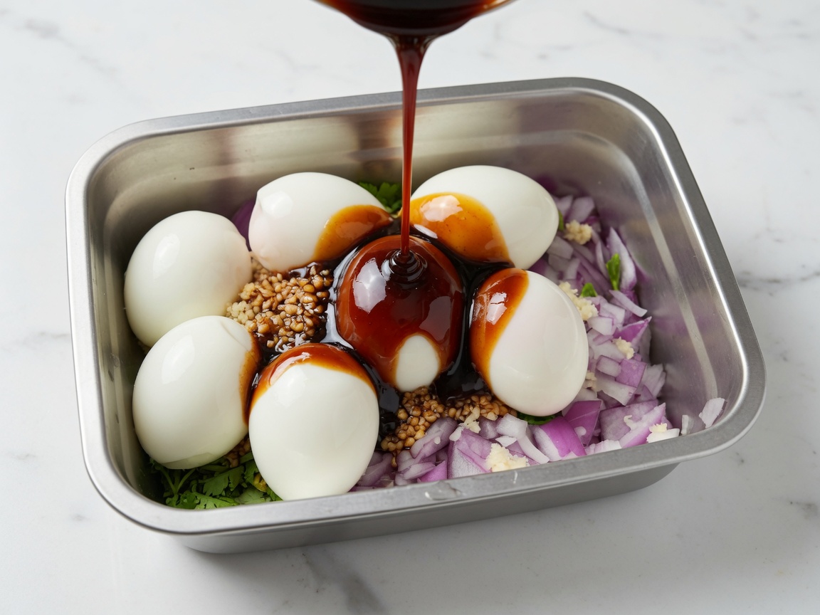 A stream of dark soy sauce being poured over white, boiled eggs and chopped aromatics inside a stainless steel container.