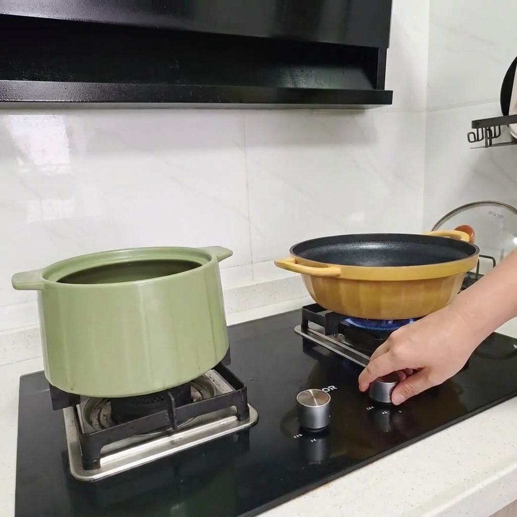 Dried, coiled noodle cakes being dropped into a pot of rolling boiling water on a stove.