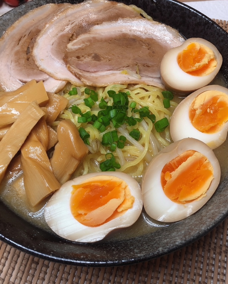 A steaming bowl of finished ramen being garnished with a sprinkle of vibrant, chopped green onions.