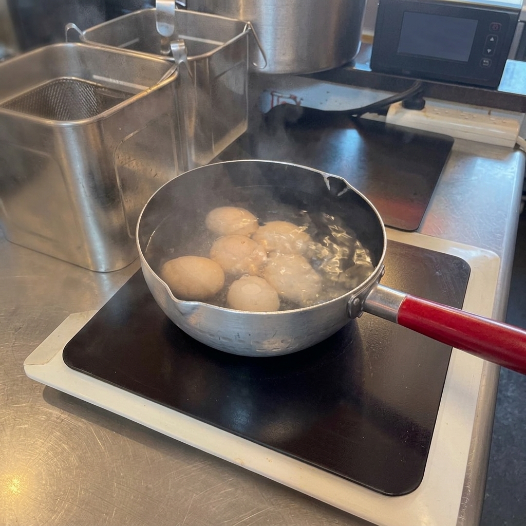 Boiled eggs being submerged in a cold ice water bath to stop the cooking process.