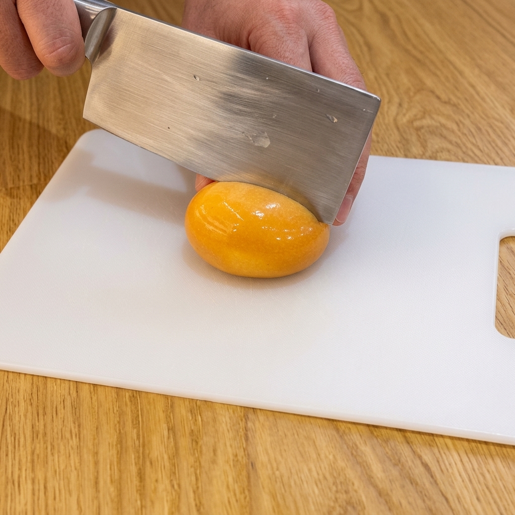 A large kitchen knife slicing a shiny, brown marinated soft-boiled egg in half on a white cutting board.