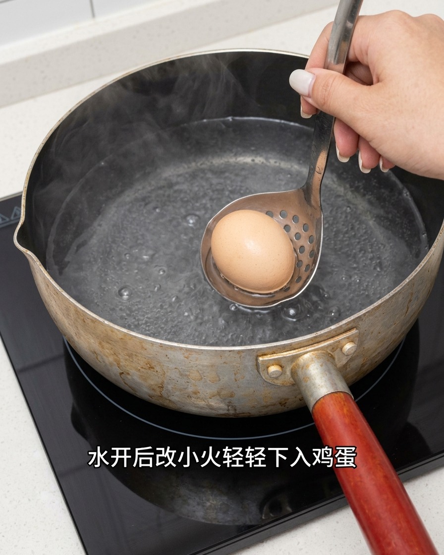 A raw egg being carefully lowered into a pot of simmering water with a metal slotted spoon.