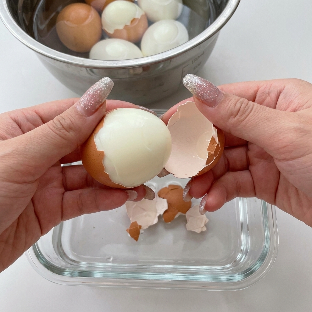 A pair of hands peeling the shell off a boiled egg over a glass container.