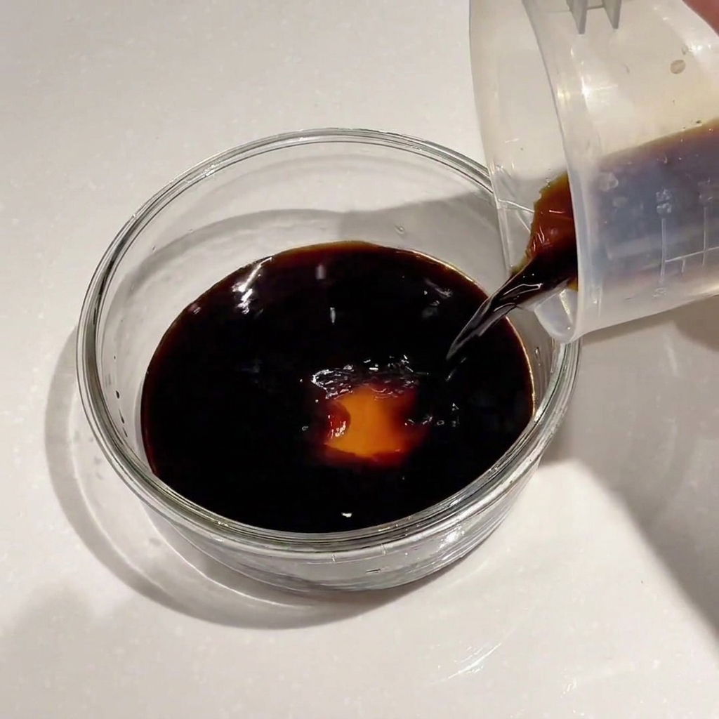 Clear water being poured into a bowl of dark soy sauce.