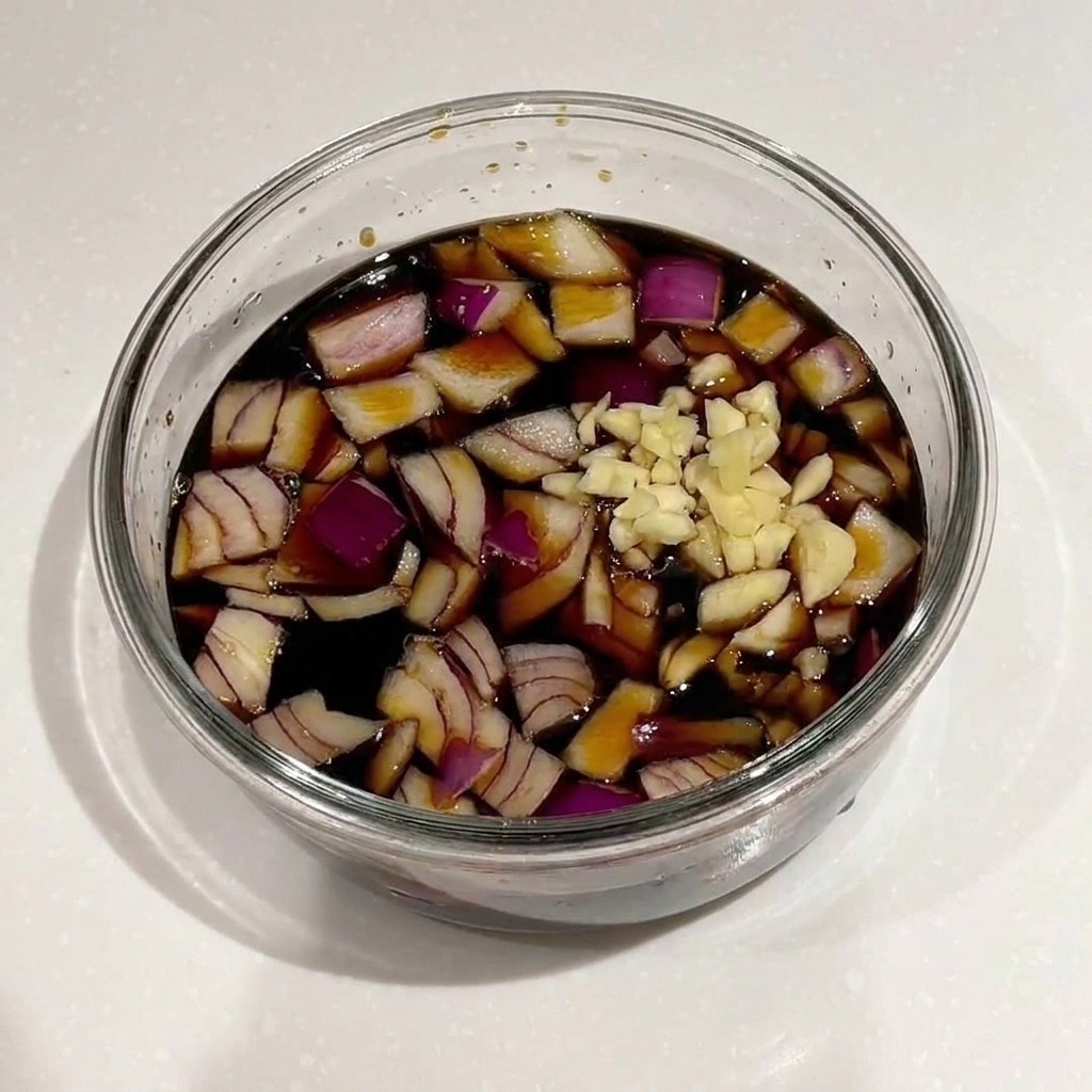 A mix of red onions, garlic, green onions, and sesame seeds being added to a soy sauce marinade.
