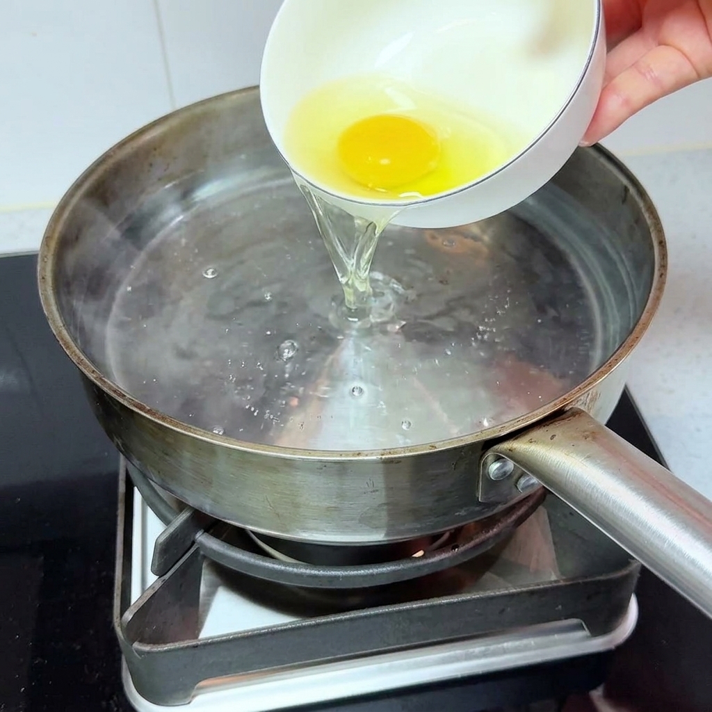 A small white bowl pouring a raw egg and clear liquid into a stainless steel pot of boiling water.