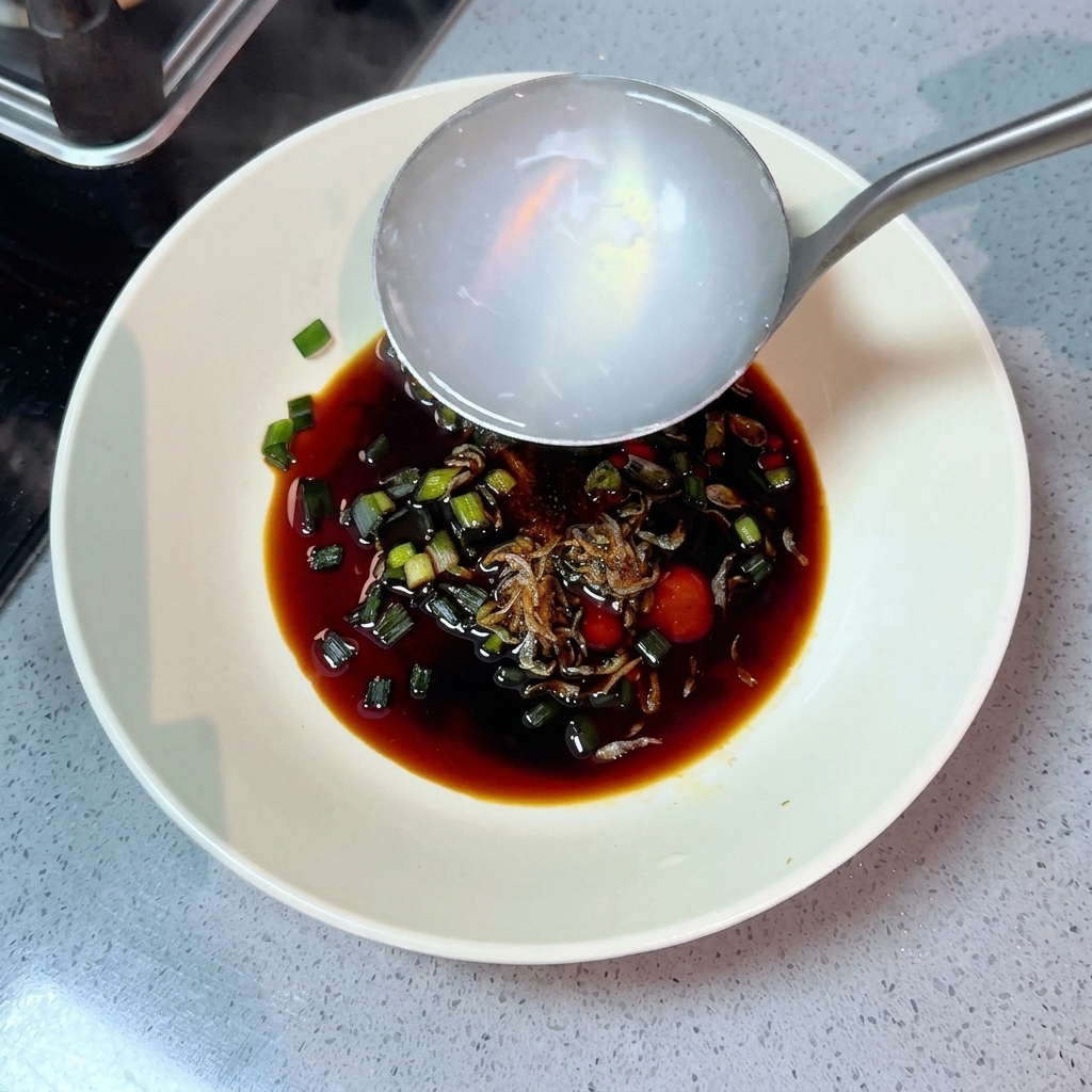 Hot water being poured from a metal ladle into a white bowl containing seasonings.