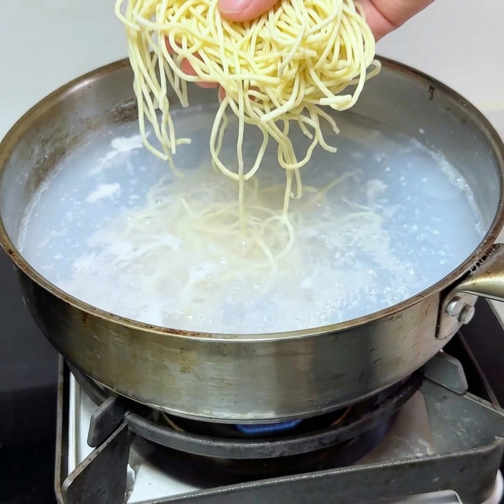 Fresh noodles being placed into a pot of boiling water on a stovetop.