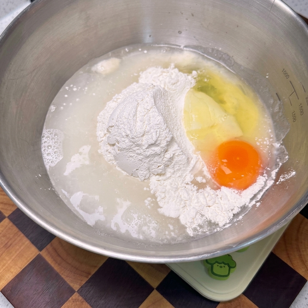 A whisk blending flour, egg, and liquid in a stainless steel bowl until a smooth, pale yellow batter forms.