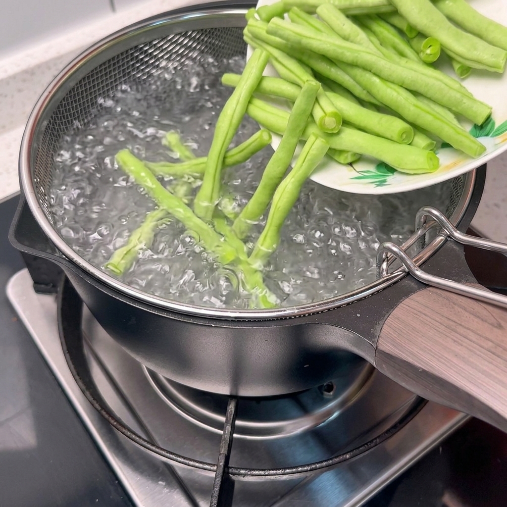 A metal strainer lowering fresh green beans into a large pot of boiling water.