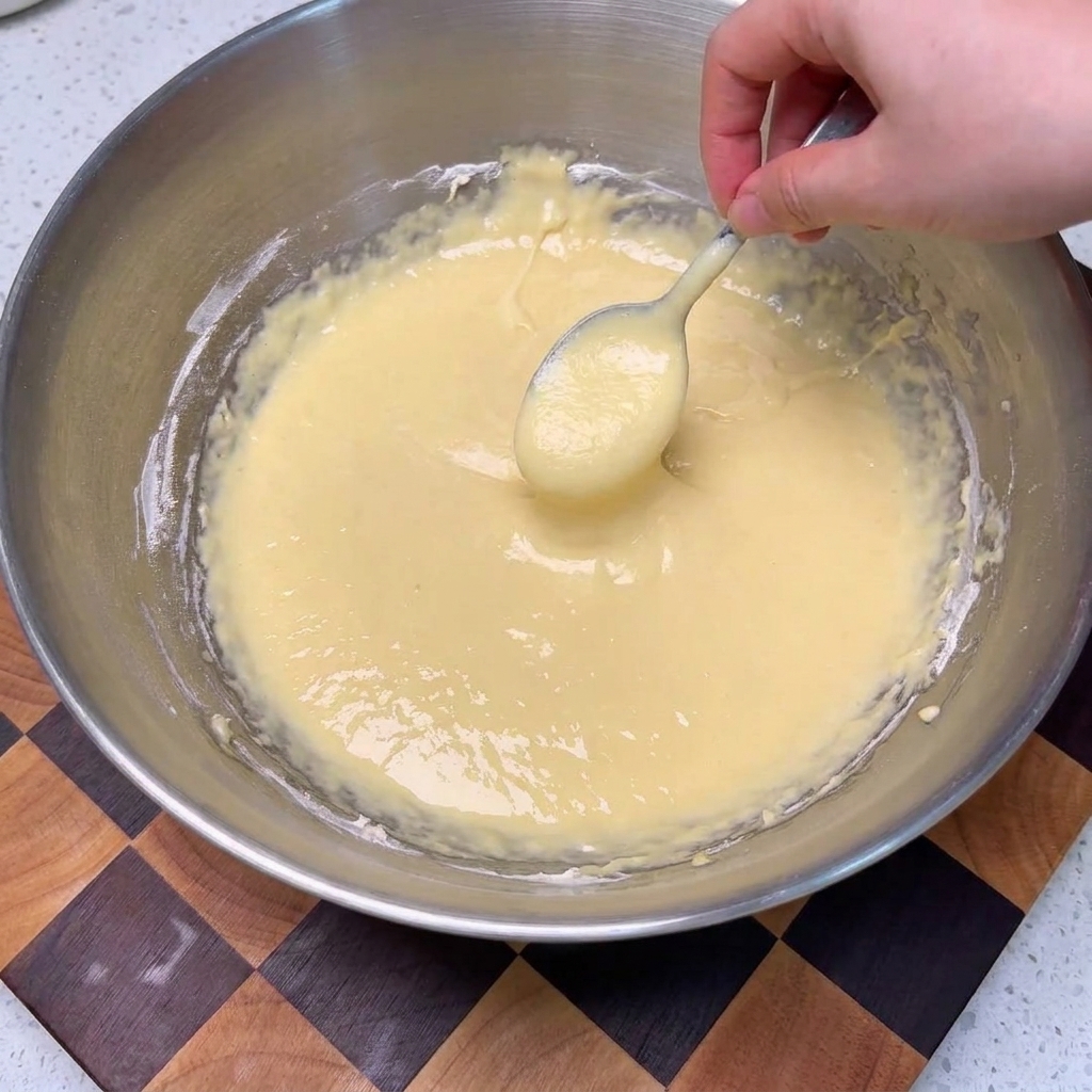 A spoonful of yellow batter being drizzled over blanched green beans in a mixing bowl.
