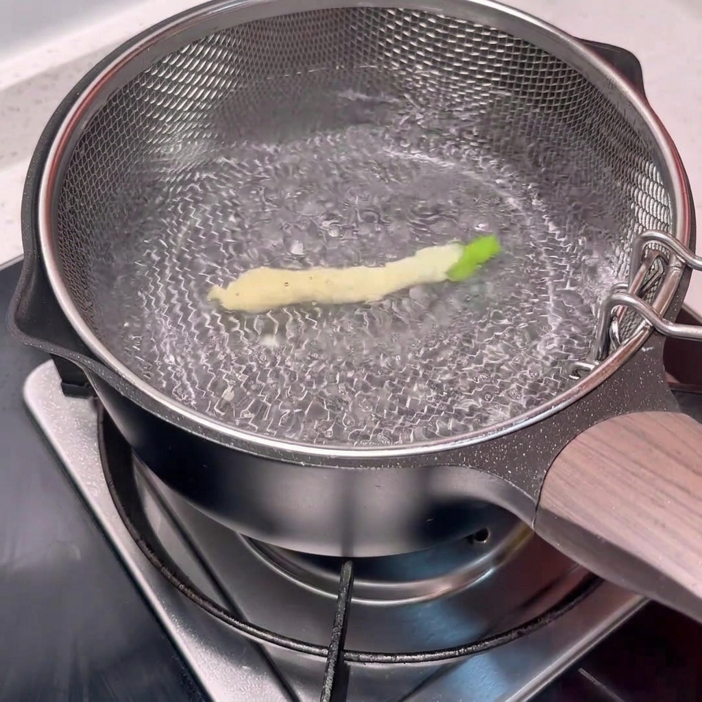 A single batter-coated green bean floating in a pot of boiling water.