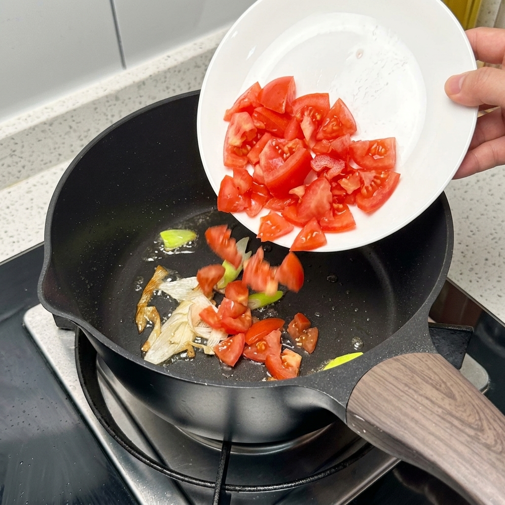 Chopped tomatoes being added to a pan with sautéed scallions, preparing the dipping sauce.