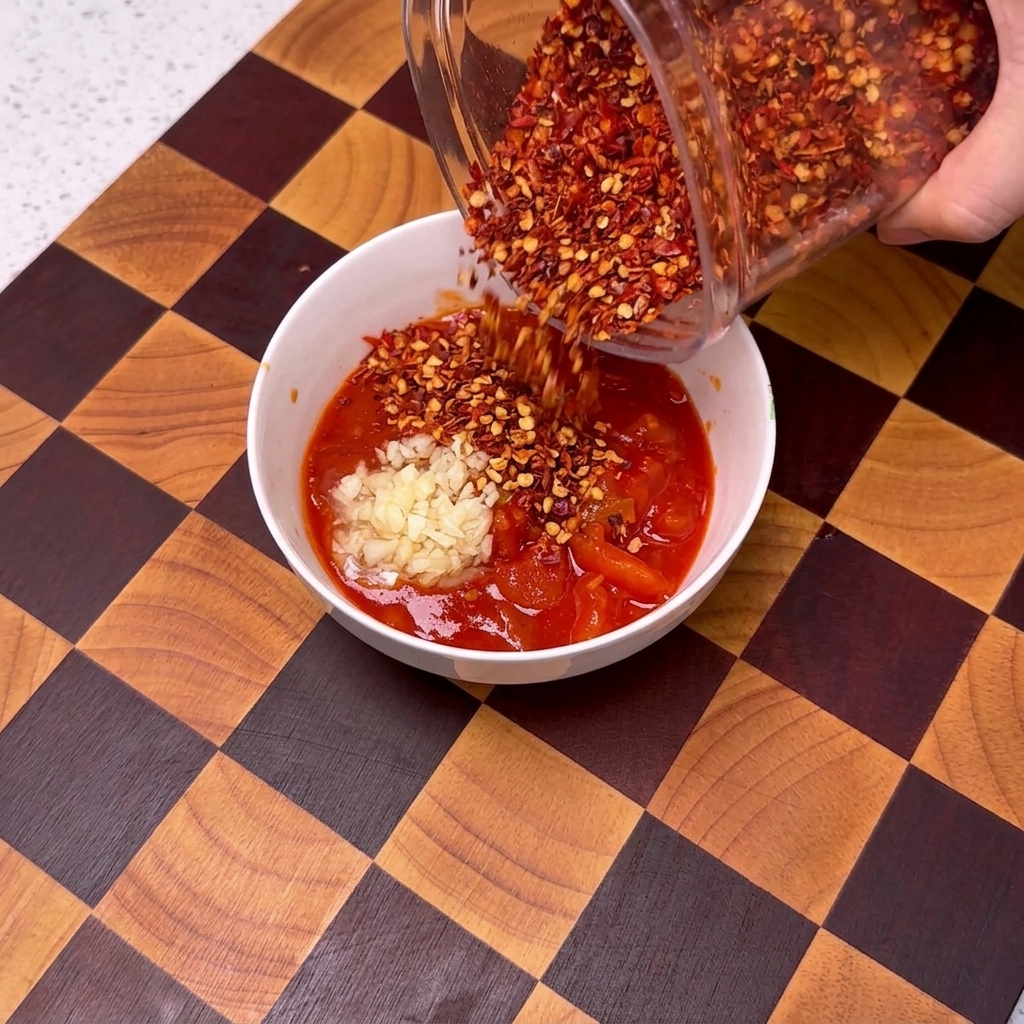 A close-up view of a bowl filled with cooked tomato sauce as minced garlic, chili flakes, sesame seeds, and sugar are being added on top.