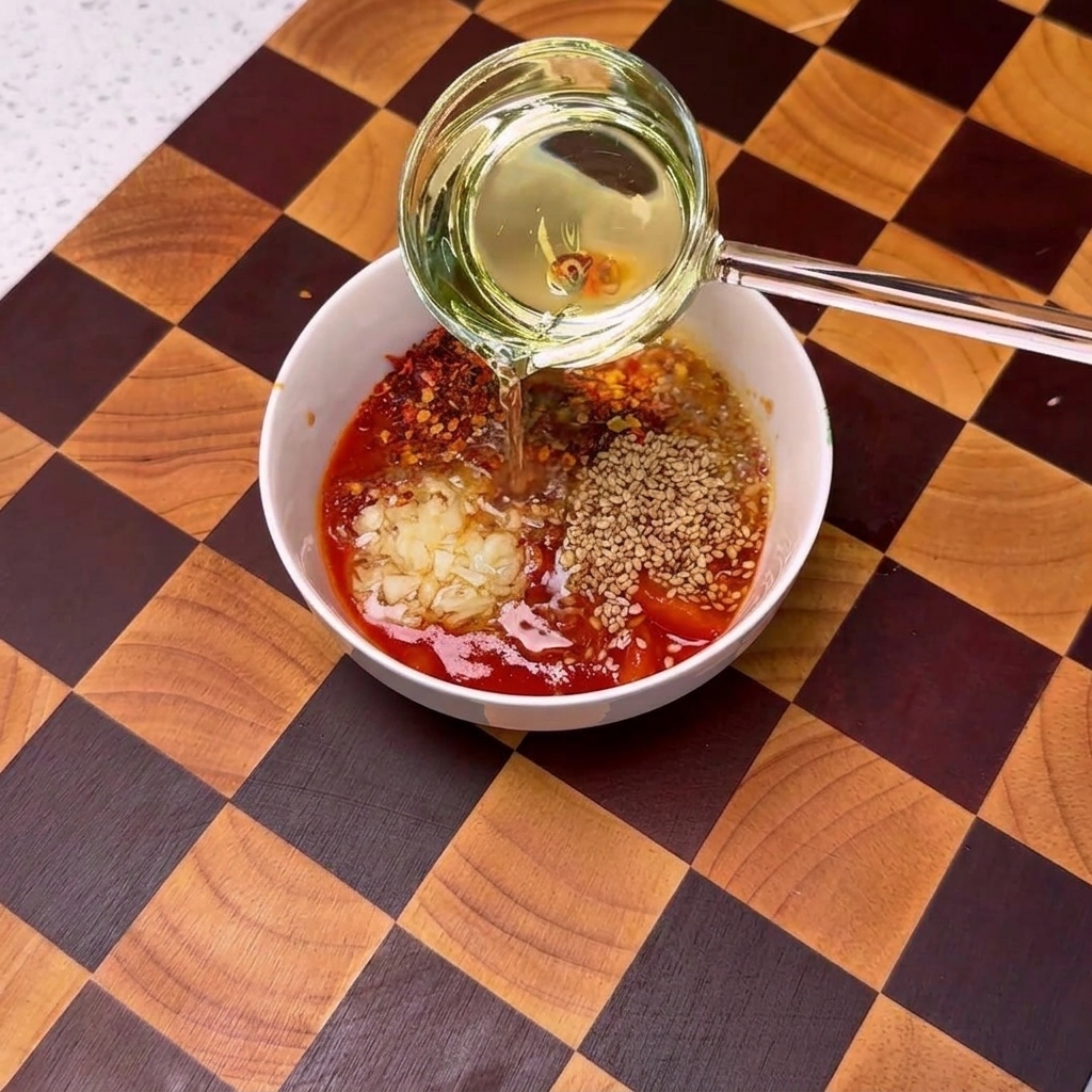 Hot oil being poured from a small ladle into a bowl of tomato sauce topped with garlic and spices, creating a sizzling effect.