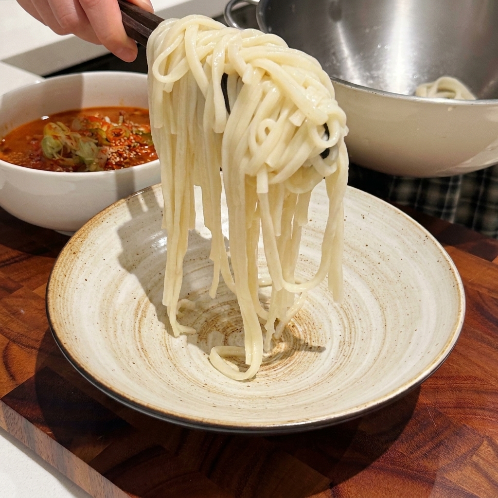 A close-up of Udon noodles being lifted from a pot with kitchen tongs and transferred into a ceramic serving bowl.