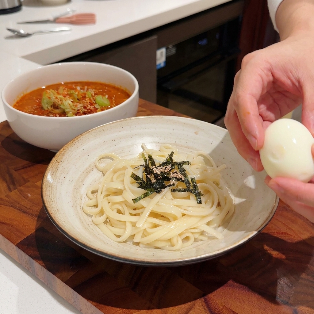 A soft-boiled egg being carefully placed into a bowl containing Udon noodles topped with seaweed garnish.
