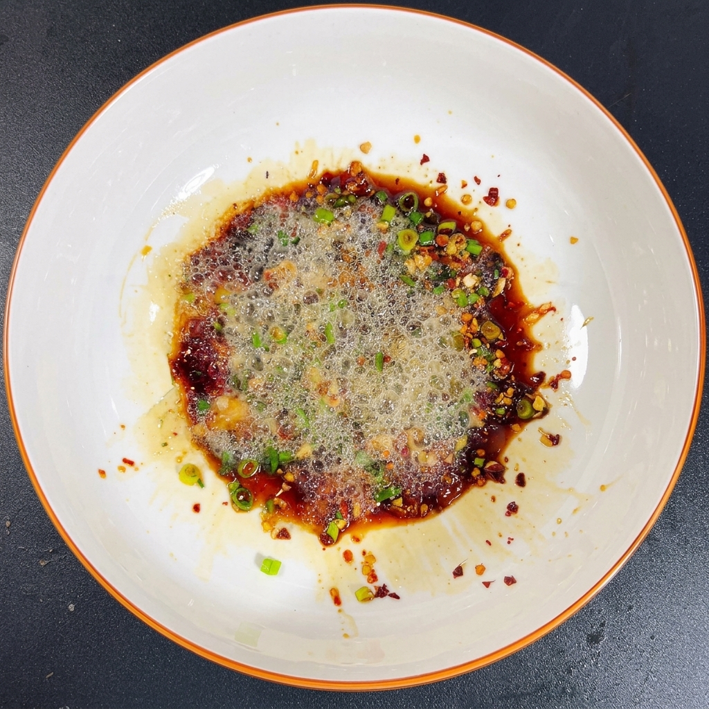 Hot lard being poured over the dry seasonings and aromatics, causing them to sizzle and release aroma.