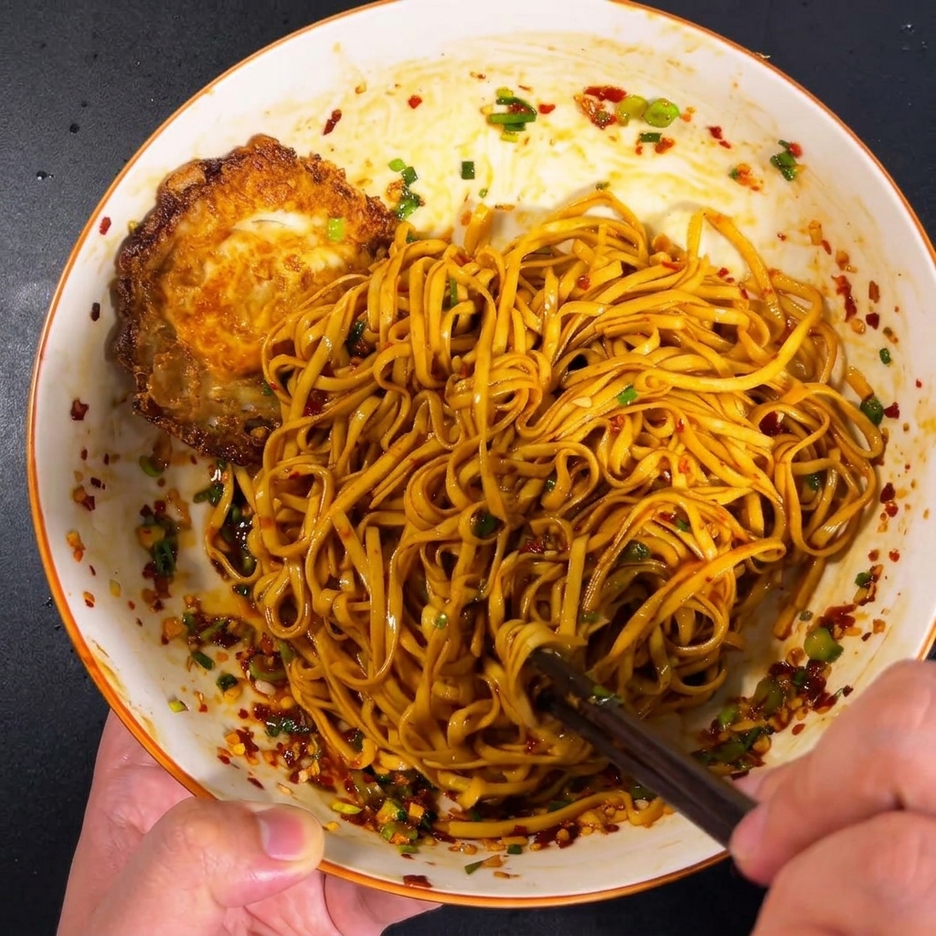 Cooked noodles in a bowl being mixed with the aromatic chili-garlic sauce using chopsticks.