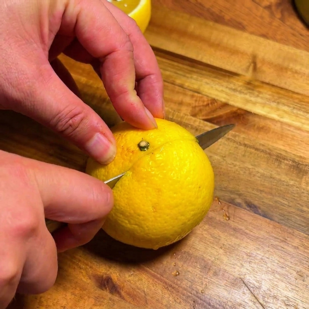 A close-up of a knife cutting a fresh, bright yellow yuzu fruit in half on a wooden cutting board.
