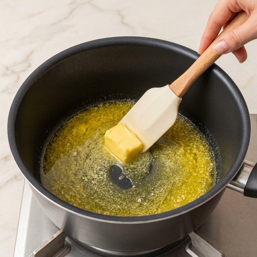 A wooden spatula stirring butter, milk, flour, and cheese slices in a saucepan until they combine into a thick, smooth, yellow sauce.