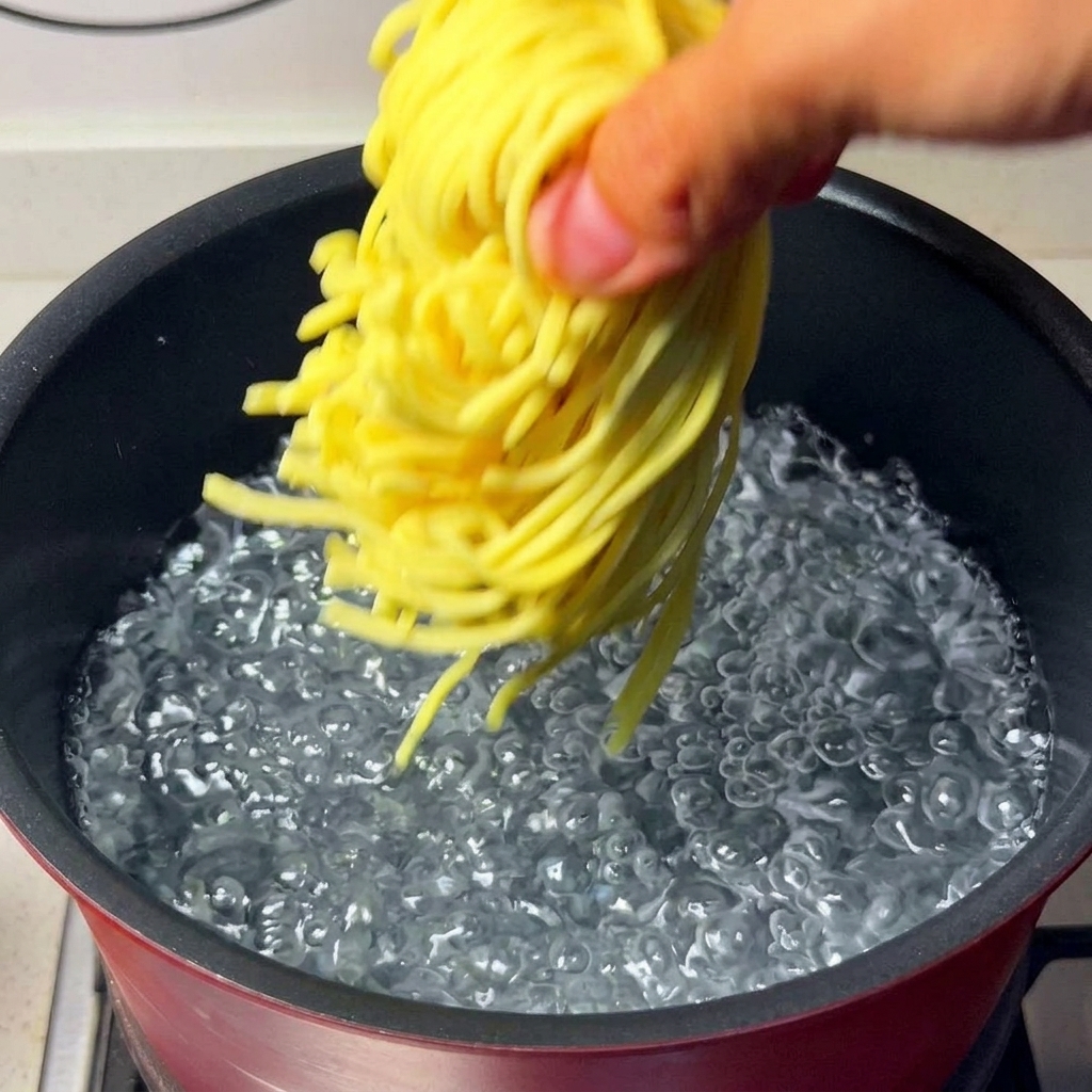 Noodles being lifted from a boiling pot with chopsticks and placed into an ice water bath.