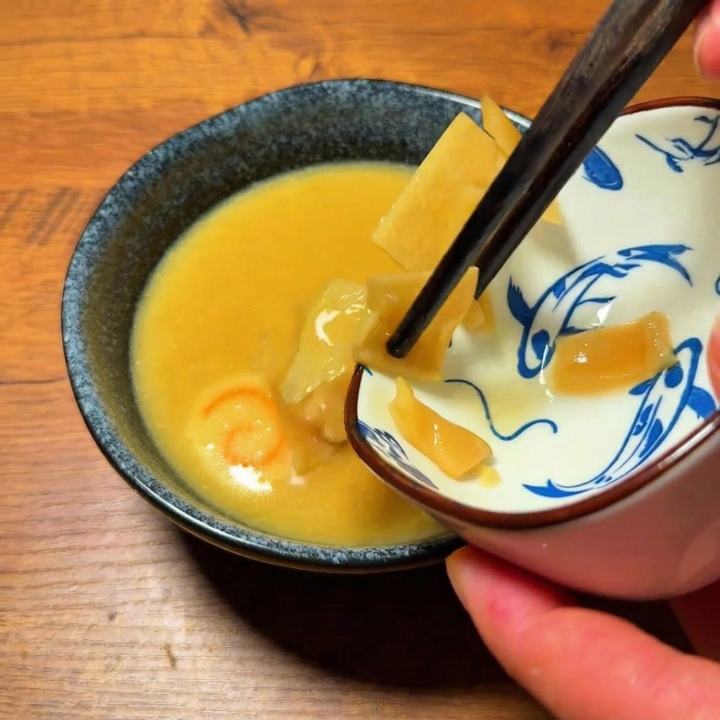 Bamboo shoots, green onions, and fragrant oil being combined into a bowl of seasoned dipping broth.