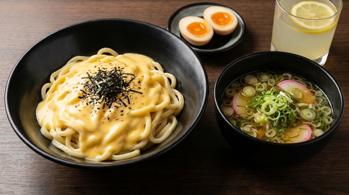 A bowl of cheese-coated noodles served with a side of savory dipping broth and ramen eggs.