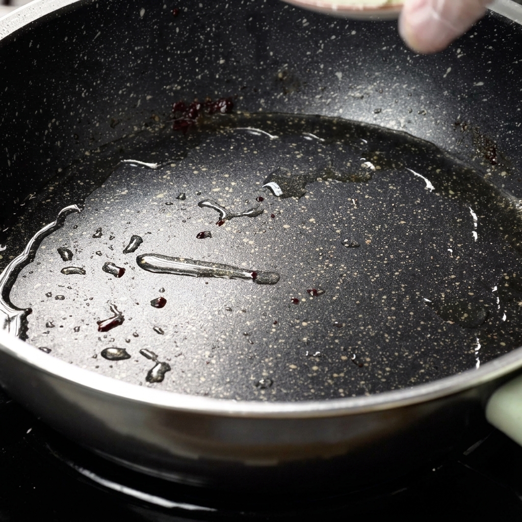 Onion strips stir-frying in a pan with residual oil until translucent.